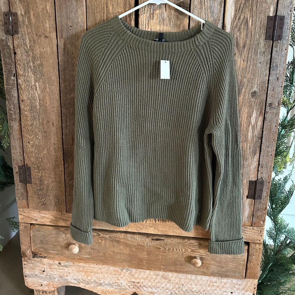 NWT TALBOTS RIBBED CREW GREEN WOMEN'S SWEATER WOOL BLEND L LARGE PETITE NEW